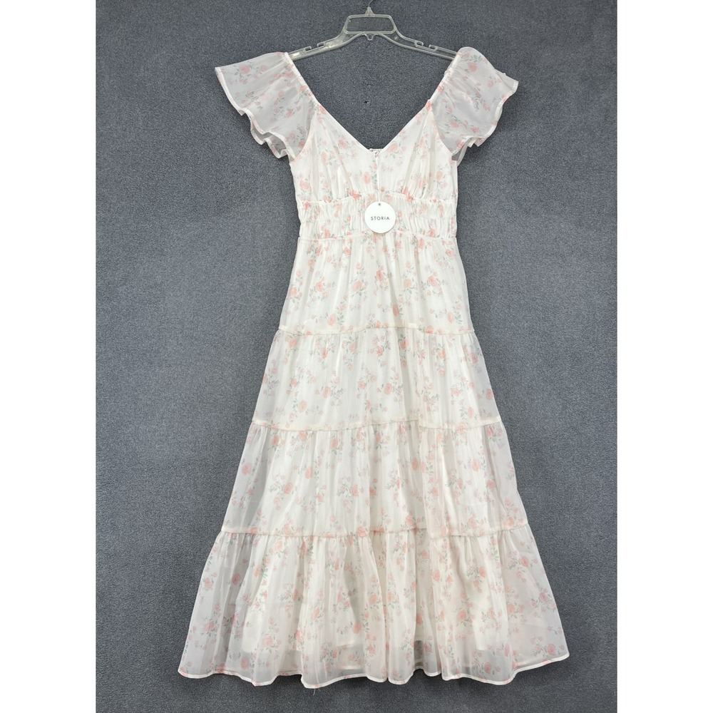 STORIA Maxi Dress Womens Large white floral Boho‎ Princess Coquette Babydoll